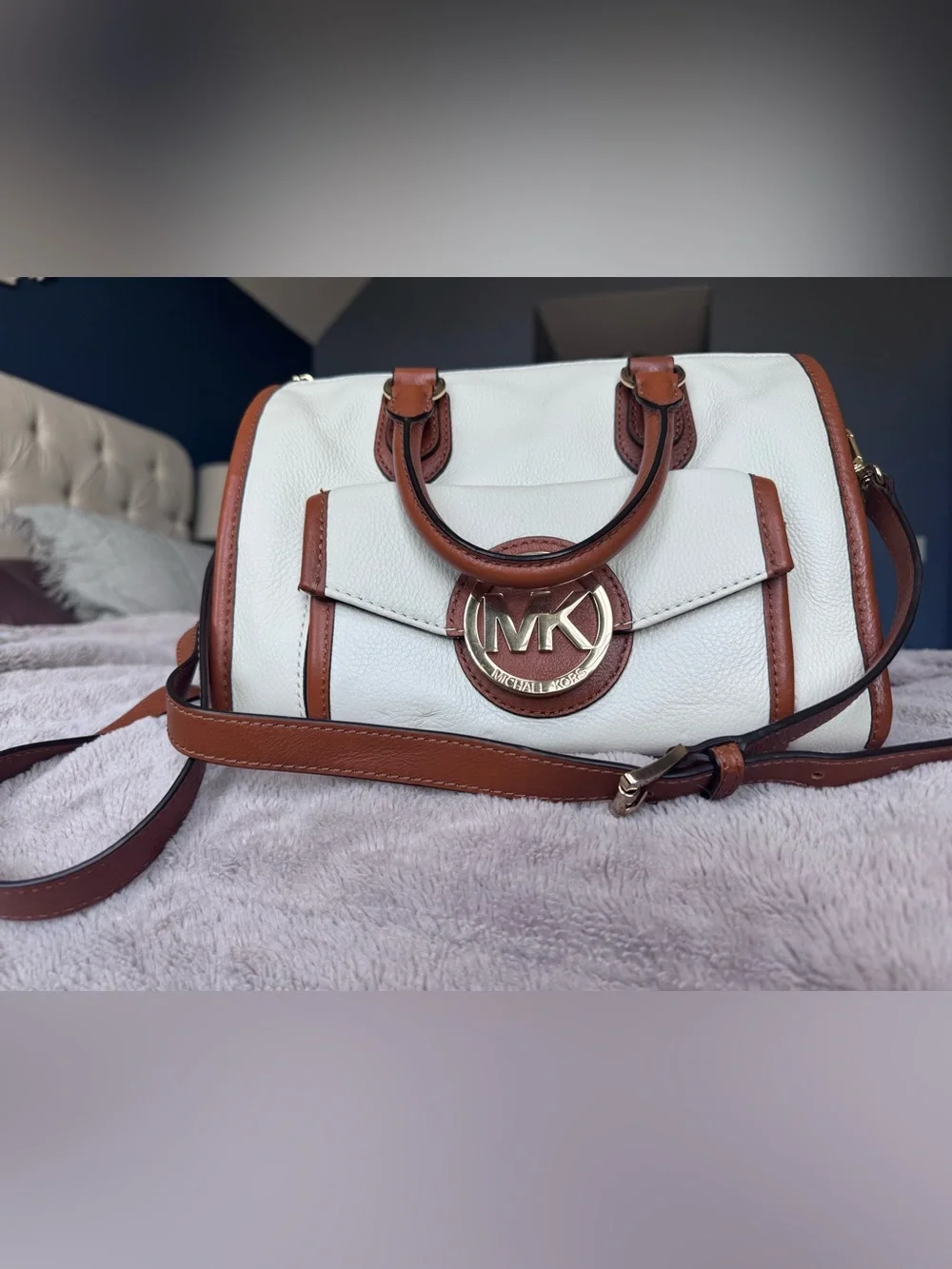 Michael Kors White and Brown Leather MK Logo Satchel